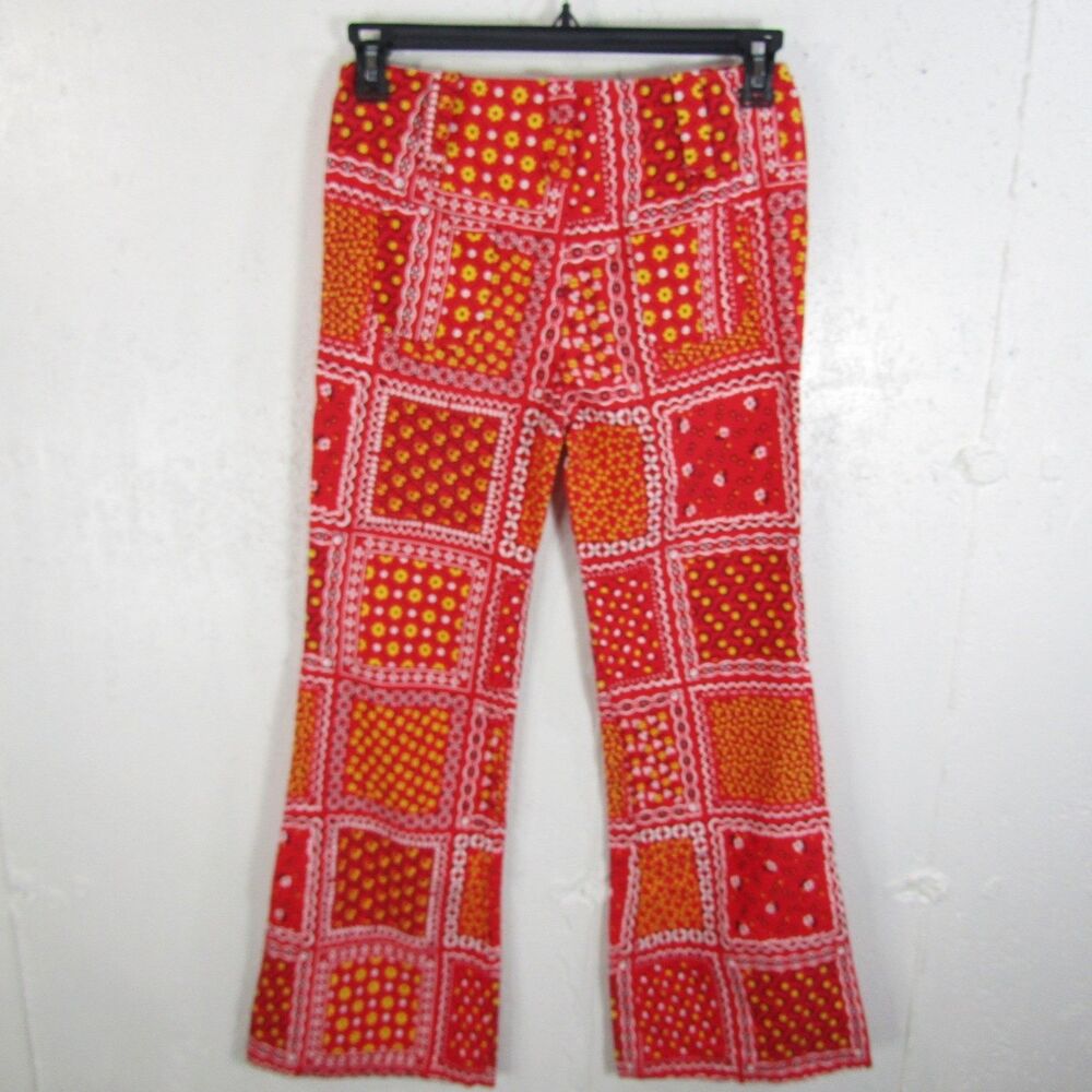 Vtg 70s Bobbie Brooks Red Bandana Patchwork Bell Bottom Flare Pants Womens 30x30